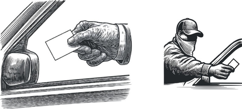 A hand reaches out from the car window to pass a plain paper ticket at a toll booth during a road trip