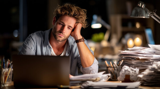  Corporate employee experiencing work stress and burnout during late office hours.
