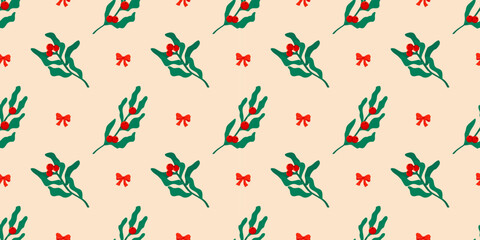 Christmas seamless vector floral pattern with winter mistletoe and holly. Cover for bg designs evergreen wreath motif features ornate. Xmas holiday berry and ribbon elements for nature. © alia.kurianova