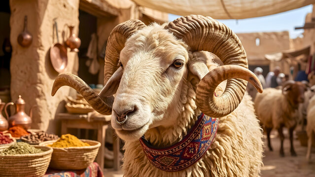 Close Up Portrait Of A Majestic Ram With Curved Horns And Decorative Collar In A Traditional Middle Eastern Spice Market For Eid Al-Adha Qurbani Festival