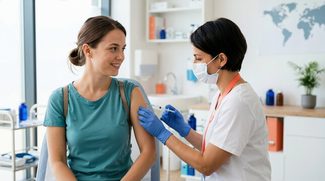 Female nurse giving a travel vaccine injection to a smiling woman. Immunization and preventative healthcare in a medical clinic. Vaccination for travelers concept