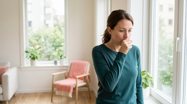 Woman coughing near a window at home. Sick female patient with flu or cold symptoms. Respiratory health and illness concept