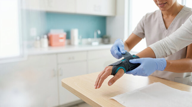 Healthcare professional applying a wrist splint to a patient. Orthopedic brace for injury recovery in a medical clinic. Doctor wearing blue gloves stabilizing a wrist sprain
