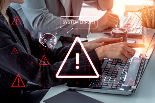 Professionals collaborate to resolve a system error while using laptops, with digital elements highlighting technical challenges and emphasizing problem-solving in business environments. Cyphers