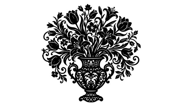 Decorative ornate flower vase silhouette vector with tulips and lilies in detailed black design isolated on white