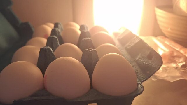 A carton of fresh white chicken eggs in a kitchen setting