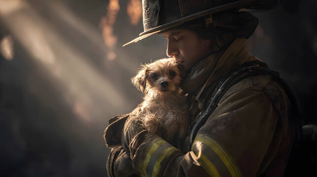Firefighter in full gear holding a small rescued dog against a background of fire and smoke.