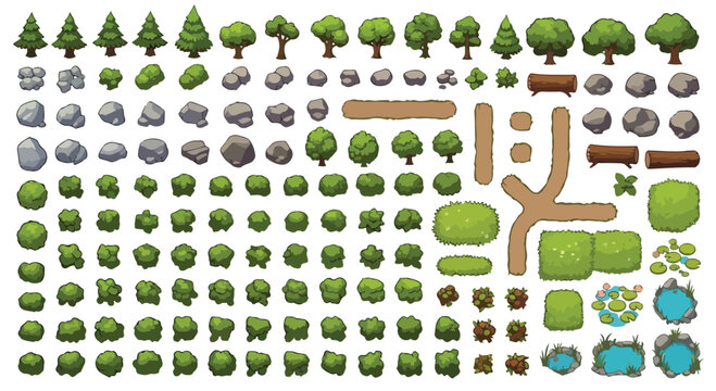 Isometric game assets collection, stylized nature environment kit with trees and rocks, forest landscape vector elements for map design