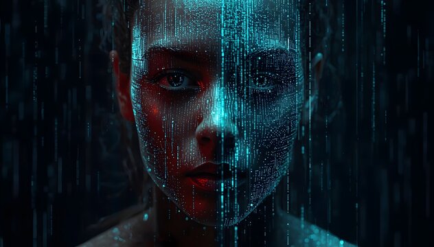 Human Face Divided into Natural Skin and Digital Matrix Rain, Virtual Reality Simulation and Computer Code Streaming Concept