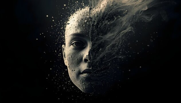 Human Face Split Between Organic Dust and Digital Particles Swirl, Abstract Disintegration and Data Fragmentation Technology Concept