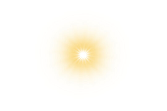 Gold glowing sunlight lens flare effect isolated on transparent background. Shining sun with rays. Twinkle star sparkling effect. Magic radiant light. Flash light. Glow design elements. PNG