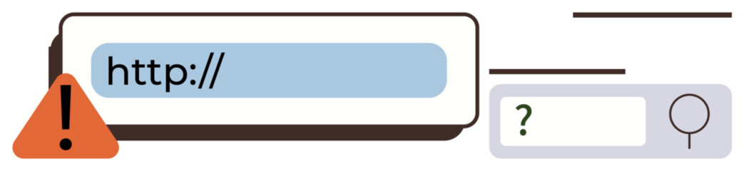 Fototapeta premium Cybersecurity, online safety, risk management, secure access, internet browsing, threat detection. The image shows a caution symbol next to a URL bar. Cybersecurity and risk management