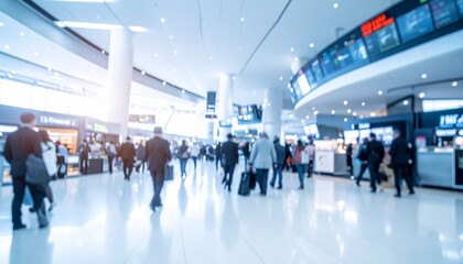 Fototapeta premium A defocused scene of an airport duty-free shopping area with a clean blue tone, showing business travelers and tourists moving through a bright, spacious terminal.
