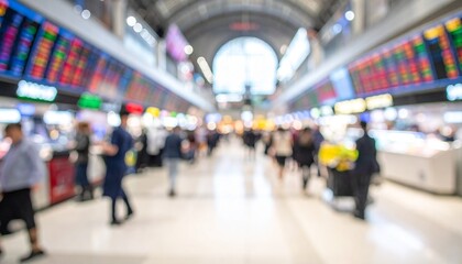 Obraz premium A wide-angle, blurred view of a bustling airport terminal hall featuring travelers walking past large digital flight information boards and bright retail shops.