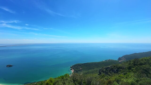 Panoramic aerial view of Arrabida beach. Rocky seascape. Creiro beach. Setubal region, Atlantic Ocean, Portugal