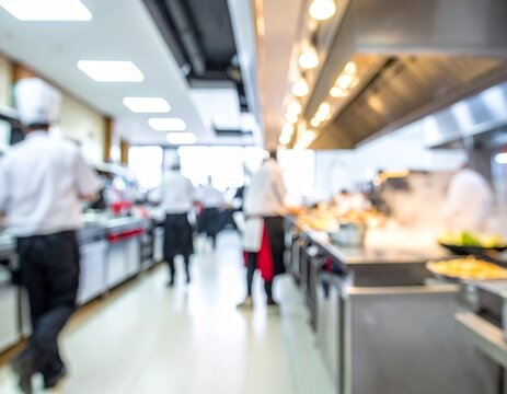 Blurred interior view of a busy commercial kitchen showing professional chefs in white uniforms working at various stainless steel cooking stations and food prep areas.