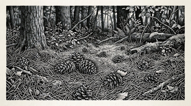 Dense forest floor with undergrowth and trees leaf litter forest path wildlife habitat forest ecosystem temperate forest undergrowth vegetation woodland environment outdoors shrubbery