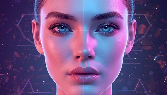Human Half Face with Organic Skin Imperfections and Digital Smoothing Filter, Beauty Technology and AI Facial Retouching Concept