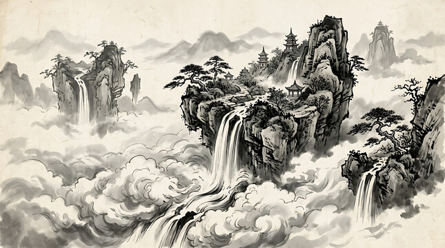 Misty mountain landscape with waterfalls and traditional chinese pavilions ink painting wash painting high altitude mountain range landscape mountains waterfalls traditional architecture