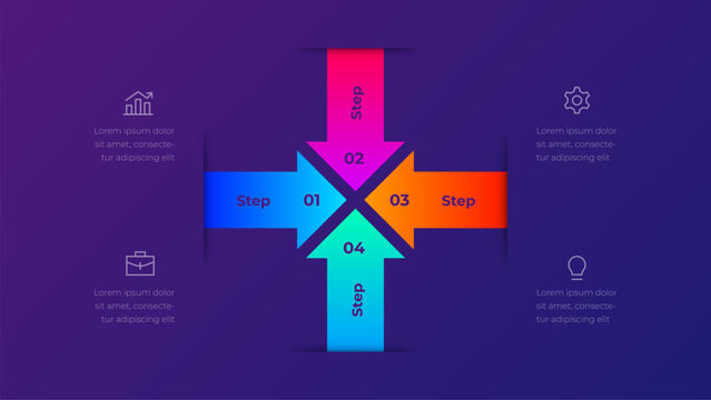 Corporate workflow diagram with 4 steps. Converging arrows on a dark purple background, modern gradient style layout