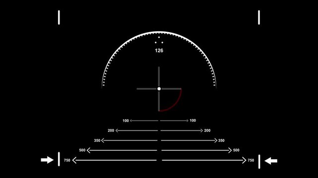 Modern HUD Interface with Digital Navigation Altimeter Circular Scale Cross hair Target and Distance Measurement Indicators for Military Aviation or High-Tech UI Design Elements.