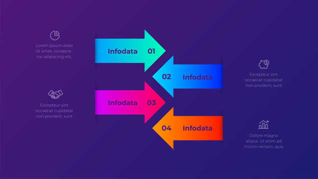Data visualization layout featuring 4 steps. Alternating directional arrows on a dark purple background, modern gradient presentation slide