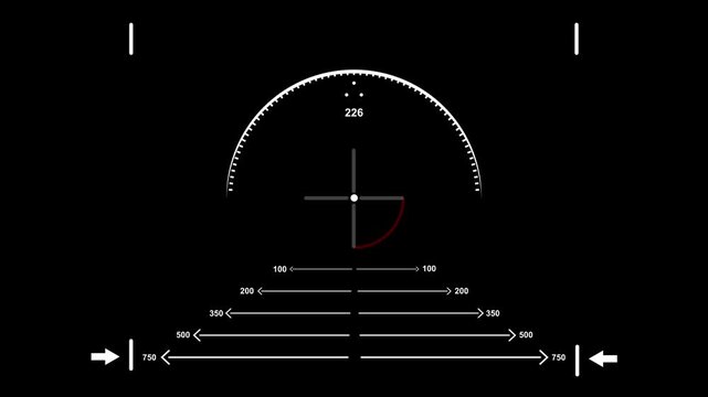Modern HUD Interface with Digital Navigation Altimeter Circular Scale Cross hair Target and Distance Measurement Indicators for Military Aviation or High-Tech UI Design Elements.