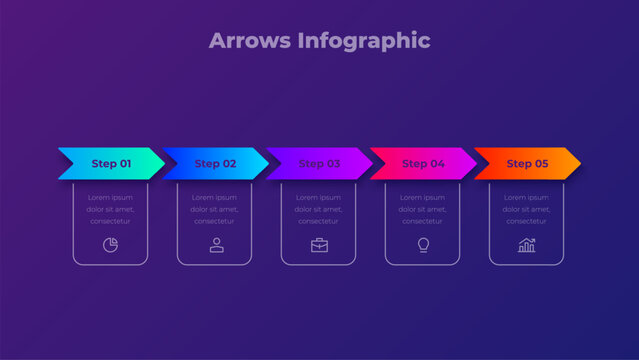 Timeline chart presentation slide with 5 steps. Colorful chevron arrows on a dark purple background, modern gradient design