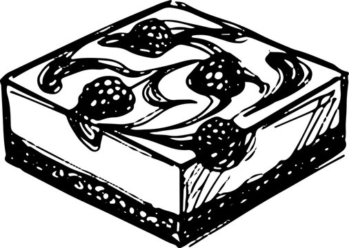 Vintage Black and White Square Cake with Berries Illustration, Hand Drawn Retro Dessert Sketch