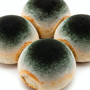 Several white bread rolls are covered with fuzzy dark green and black mold. The spoiled food sits on a white background. This image shows contamination and decay.