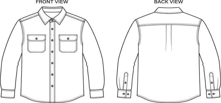 Men Long Sleeve Button Down Shirt Technical Drawing with Front and Back Views Featuring Pocket Details Collar Structure and Garment Construction for Fashion Design Templates