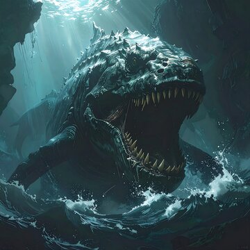 Giant Prehistoric Sea Monster Cinematic Fantasy Illustration In Dark Teal Emerging From Deep Ocean Waters With Open Jaws And Splashing Waves
