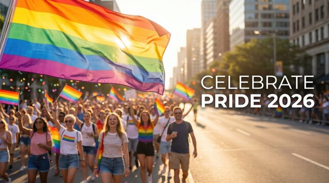 Diverse group of people celebrating Pride 2026 with rainbow flags in urban street parade
