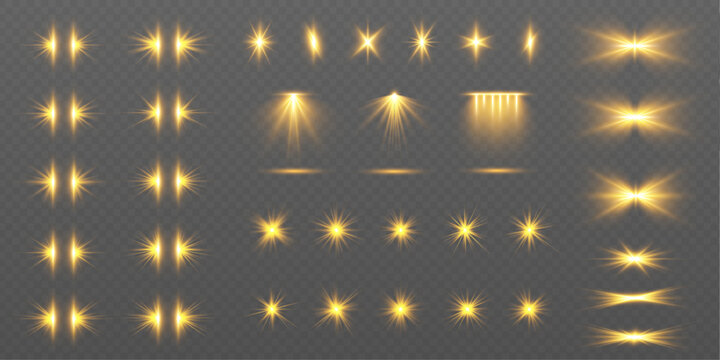 Collection of light bursts, glitter dust and star flares. Bright illumination layers build dynamic energy effect. Soft glow creates abstract background space.