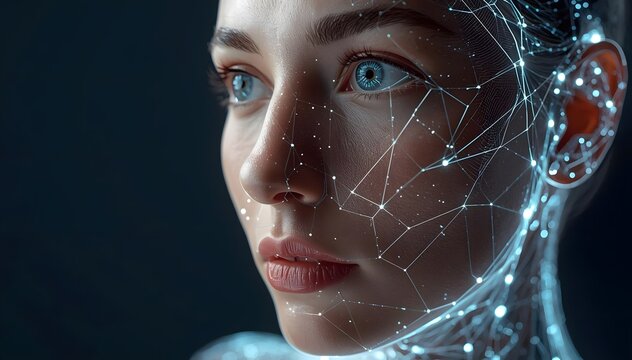 Human Face Blending Natural Tone and Synthetic Data Mesh, Hybrid Future and Artificial Intelligence Network Infrastructure Concept