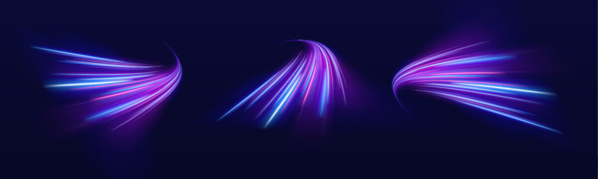 Neon arcs form circular glowing vortex motion design. Bright streaks create dynamic acceleration energy flow. Abstract tech vector illustration background.