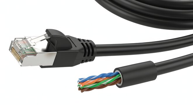 Black Ethernet network cable with a clear RJ45 connector and exposed colorful twisted wires on a white background