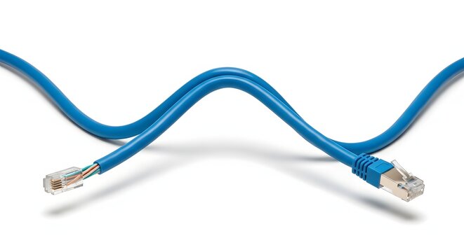 Blue Ethernet Network Cable with One Connector Attached and the Other Showing Exposed Wires