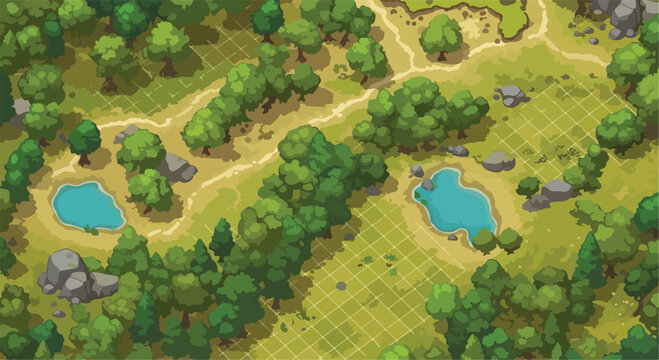 Isometric game map vector, stylized forest landscape with grid tiles, fantasy RPG environment with trees and ponds, top-down strategy level design
