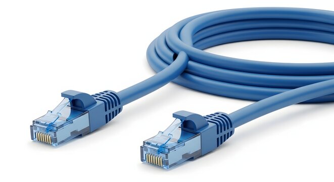 Blue Ethernet Network Cable with Two Translucent Blue R J45 Connectors on a White Background