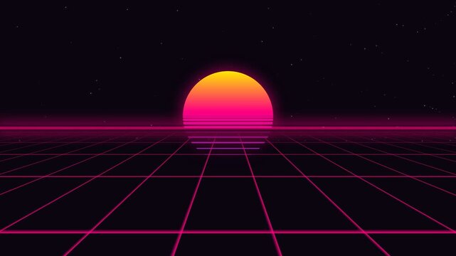 Retro synthwave landscape with glowing neon sun and digital grid horizon background