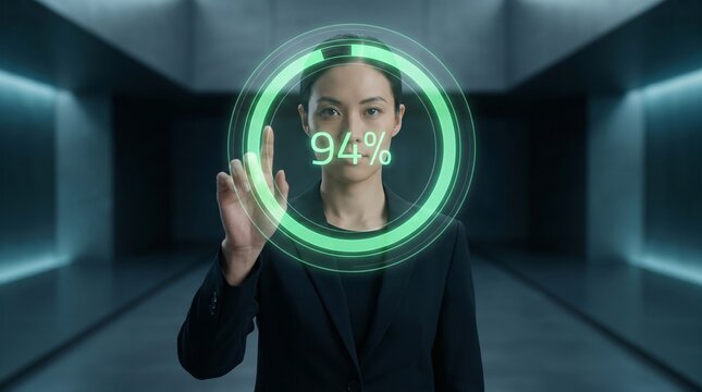 Woman touching a holographic progress circle displaying 94 in a modern dark interior