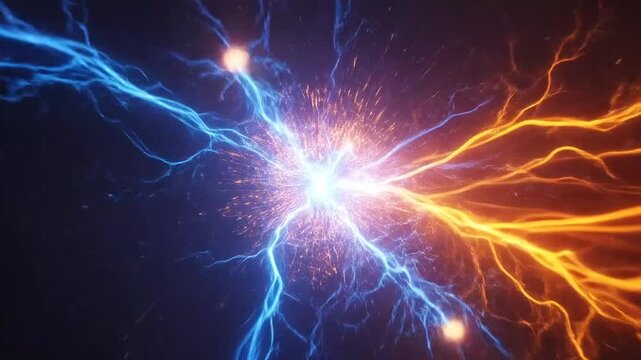 Blue and orange lightning bolts colliding in dark space