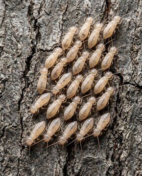 Colony of barklouse nymphs congregating on tree bark