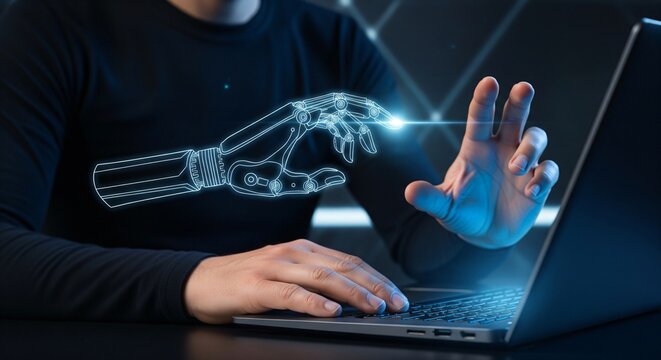 Human hand interacting with holographic robotic arm overlaying a laptop screen
