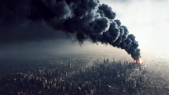 Cityscape under attack with dense black smoke rising from urban ruins. Military strike causing destruction in metropolis. Conflict and global war disaster scene.