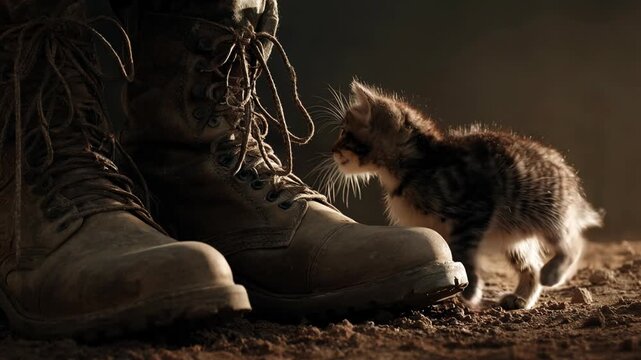 Tiny kitten meeting soldier wearing combat boot. Small cat near military footwear. Concept of kindness, peace and hope in war zone involving army personnel.