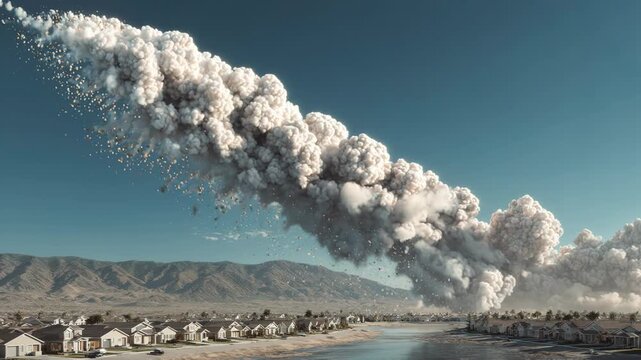 Missile strike over suburban residential area. Military attack destroying house in desert landscape. War devastation and explosion impact on civilian neighborhood.
