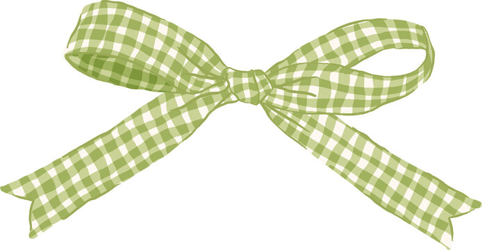 Retro Green Sage Gingham Ribbon Bow Whimsical Illustraion