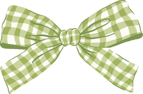 Vintage Green Sage Gingham Bow Whimsical Illustraion